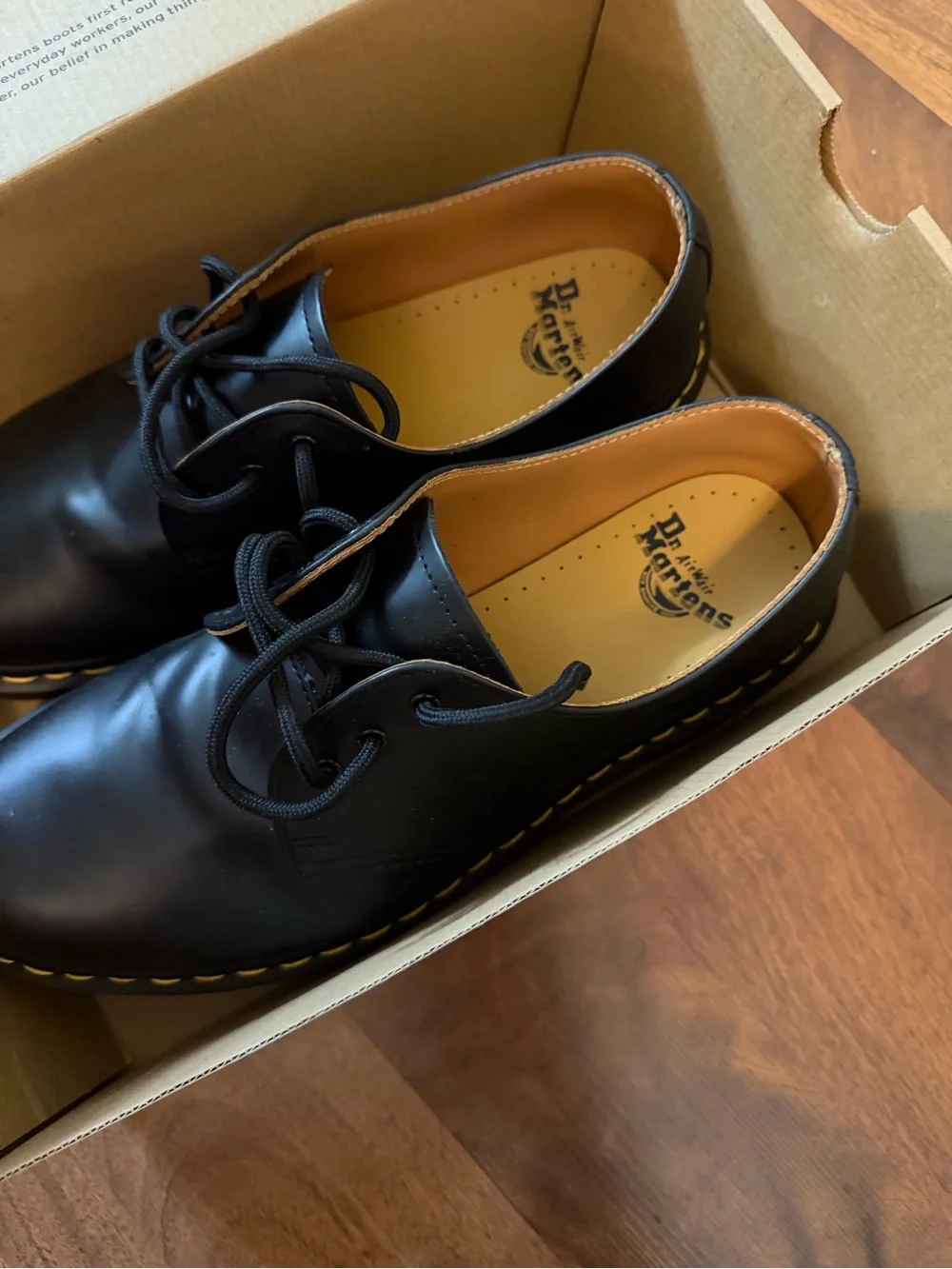 Dr. Martens Black Leather 3-Eye Derby Shoes with Yellow Stitching